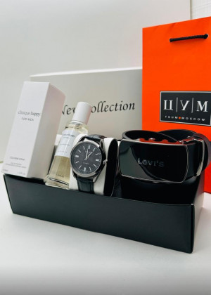 Подарочный набор для мужчины ремень, часы, духи + коробка #21134396