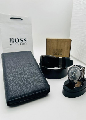 Подарочный набор для мужчины ремень, кошелек, часы + коробка #21177510
