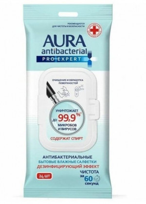 Влажные салфетки бытовые Aura Antibacterial Pro-Expert, белый, 24 ш #21257100